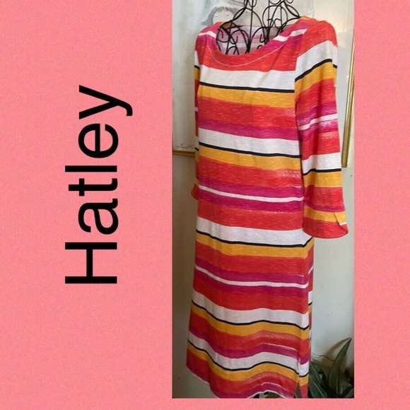 HATLEY TROPICAL STRIPED "PEPLUM DRESS"~ORANGE, WHITE, YELLOW KNIT~SMALL - Picture 2 of 4